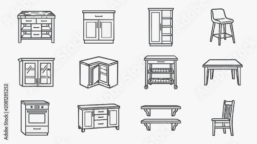 Corporate Minimalist Line Drawing Set of Modern Kitchen and Dining Furniture and Appliances in Monochrome