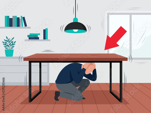 Earthquake Safety Procedure Man Hiding Under Table Illustration