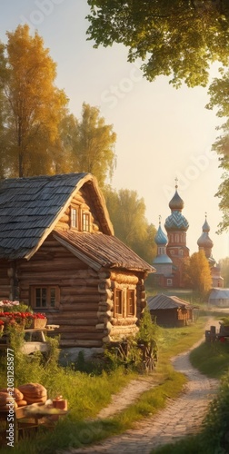 wooden houses, landscape, forest, river, church