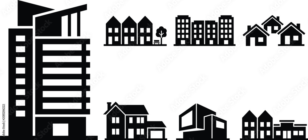 Obraz premium Residential Building Icon Collection with Modern Apartments Suburban Houses Duplex Townhouses and Urban Architecture Symbols for Real Estate Design Projects