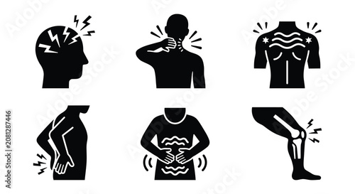Obraz na plátně Human body pain silhouettes black vector illustrations on white background