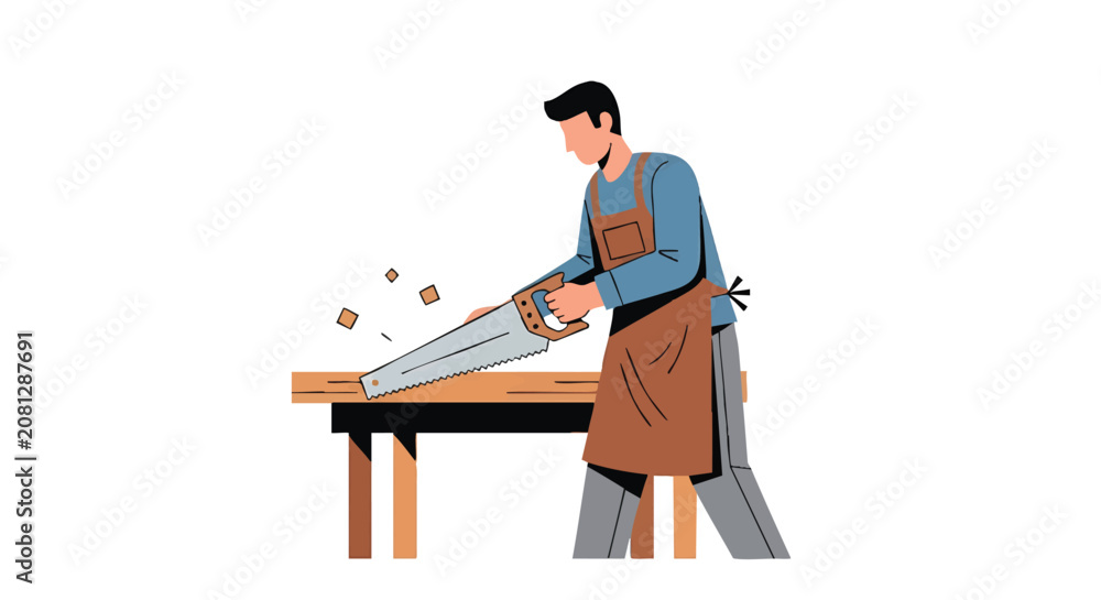 Fototapeta premium Man working with wood on a workbench, creating sawdust, wearing an apron.