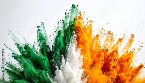 Abstract Indian Tricolor Powder Explosion with Saffron White Green Colors on White Background