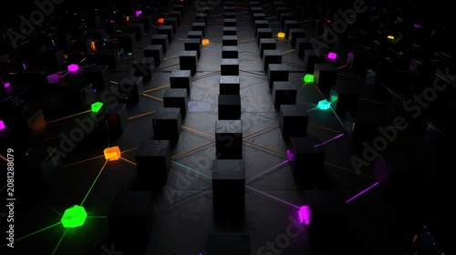 Abstract dark background with glowing colorful neon cubes and light lines