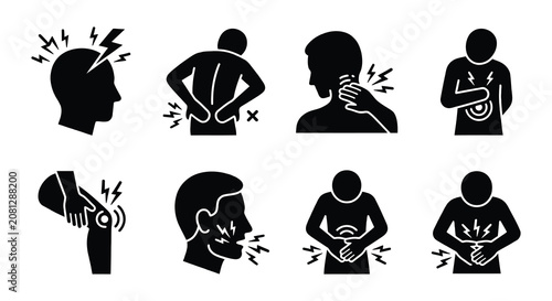 Fotografie Human body pain silhouettes black vector illustrations on white background