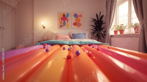 Cozy bedroom interior with a warm bed and soft pillows in a pink room