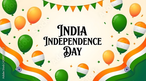 Joyful horizontal background with tricolor balloons and celebratory bunting flags for Indian Independence Day.