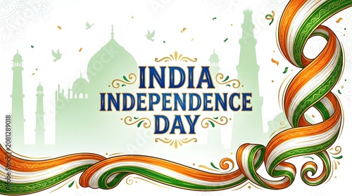 Horizontal banner template utilizing green silhouettes of historic architecture and a swirling tricolor ribbon.