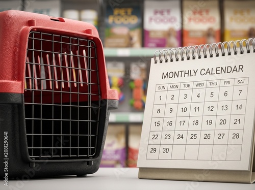 Pet store calendar, monthly calendar, pet food, pet cage