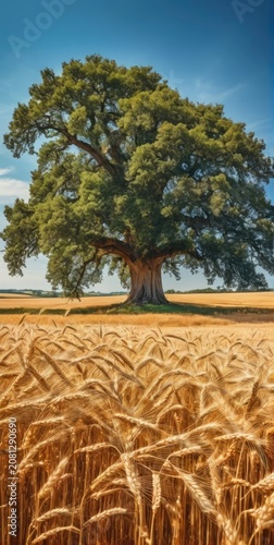 Landscape, Endless wheat field, Blue sky, Massive Old Oak tree