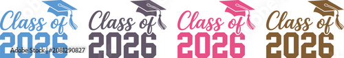 Fényképezés Class of 2026 text logo set with graduation caps in blue black pink and brown co