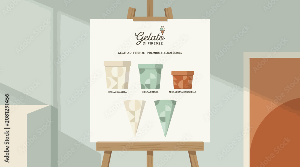 Fototapeta premium Vector illustration of gelato branding and packaging design presentation on easel