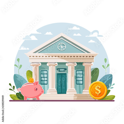 Flat illustration of a bank building with piggy bank and coin