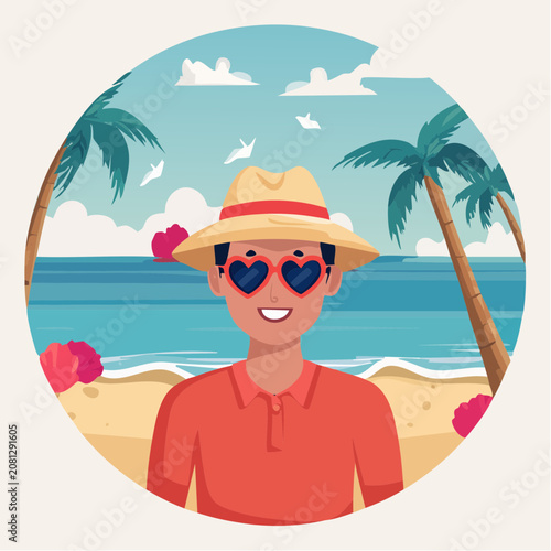 Man in straw hat and heart sunglasses on tropical beach