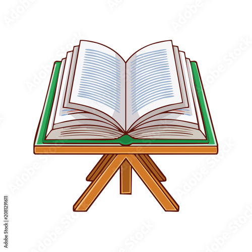 Open book on wooden reading stand vector illustration