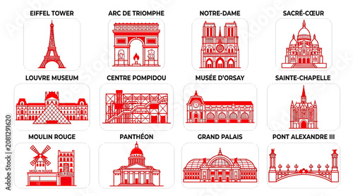 Paris Landmarks Collection: Iconic Buildings and Monuments in Red Outline Style