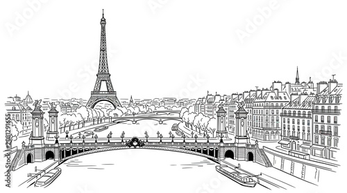 Photos Parisian Landmark Sketch: Eiffel Tower and Alexandre III Bridge Over Seine River