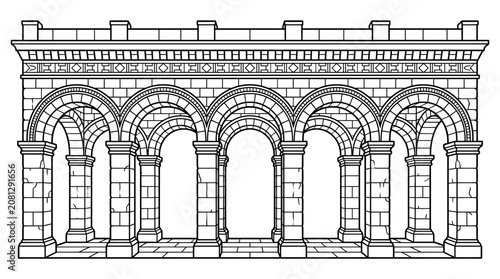 Cuadro en lienzo Romanesque Archway Facade with Columns and Arches, Stone Architecture Illustrati