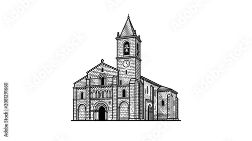 Quadro su tela Romanesque Church Facade with Bell Tower and Clock - Drawing