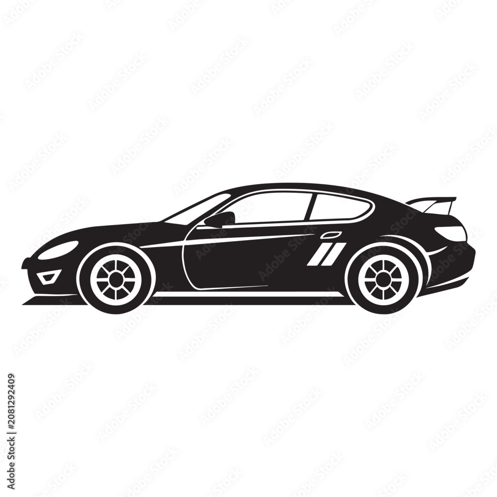 Obraz premium Sporty racing car, sleek vehicle, black automobile, racing illustration isolated on White Background
