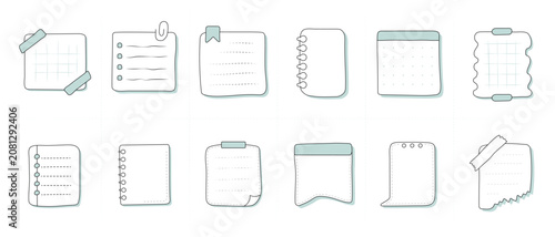 Handdrawn cute sticky note set. Vector elements in pastel green for office reminder, school planner stickers and cute stationery
