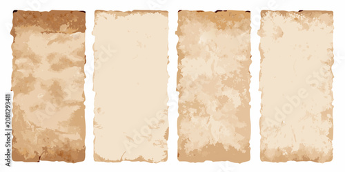 Photos four vertical sheets of heavily aged crumpled parchment on white background pape