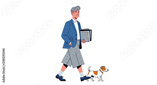 Elderly man walking dog while carrying television set.
