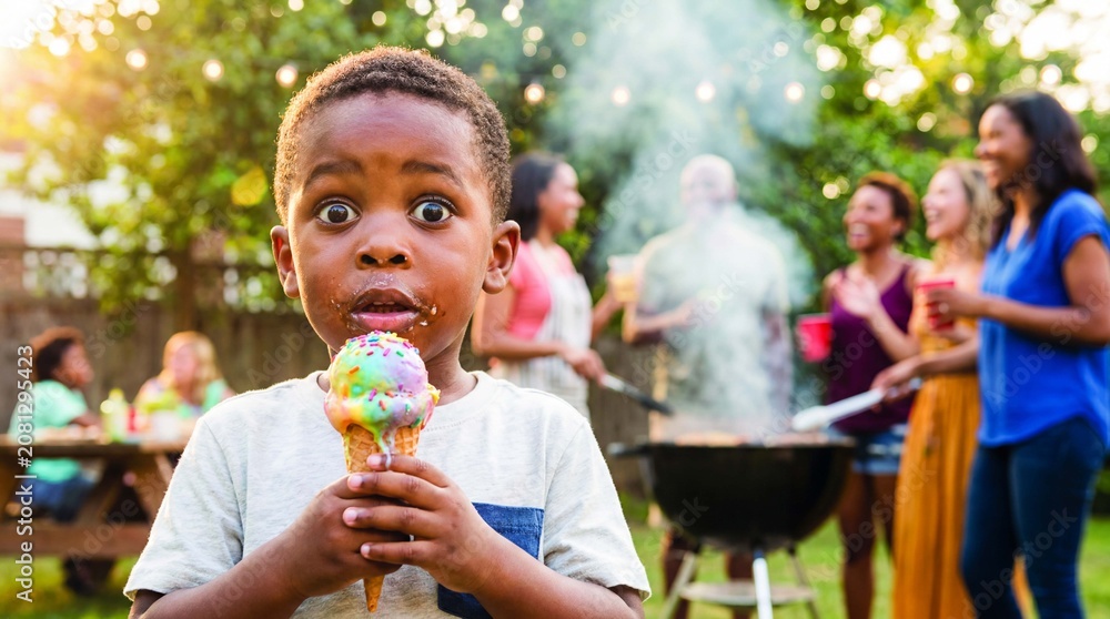 Fototapeta premium A joyful toddler boy enjoys colorful ice cream cone at summer backyard barbecue party celebrating Ice Cream Month with family and friends