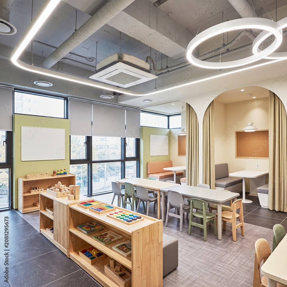 Fototapeta premium Modern school cafeteria study corner with flexible tables