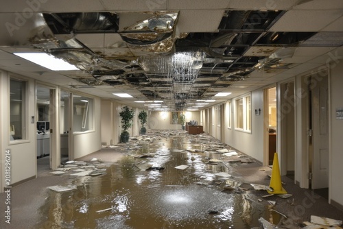 Flooded office hallway with collapsed ceiling tiles and water damage