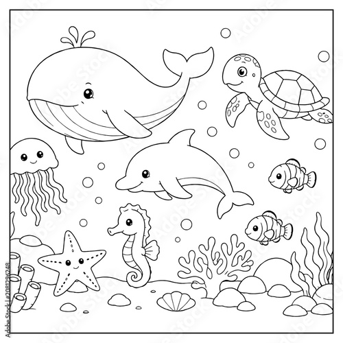 Photography Coloring page featuring cute sea animals in an underwater ocean scene style