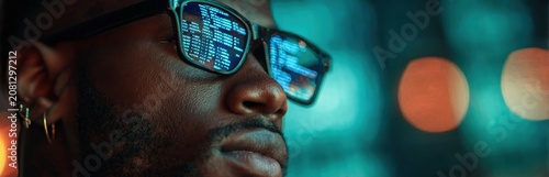 Man wearing futuristic glasses with reflective lenses in a neon-lit environment