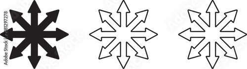 Photos Chaos star or arrows pointing in six directions icon set, multidirectional arrow symbols, abstract navigation icons, geometric design collection, and versatile vector graphics
