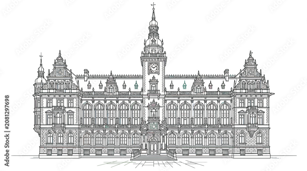 Obraz premium Grand historic building, intricate architectural drawing, facade with clock tower and many windows
