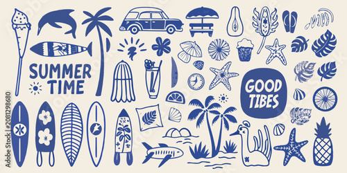 Tableau sur toile summer time vector illustration with surfboards palm trees and beach elements re