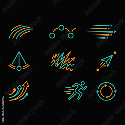 A set of abstract motion and speed icons on black background