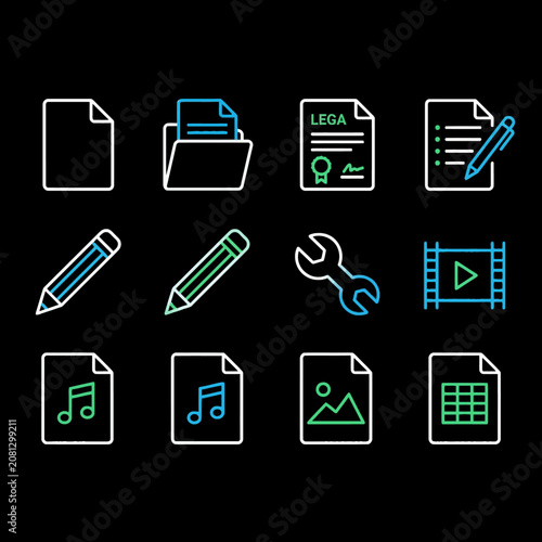 A set of neon style digital file and tool icons