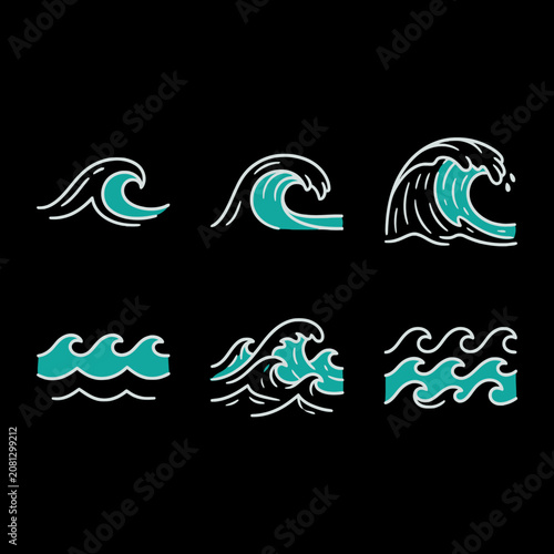 A set of hand drawn ocean wave icons on black background