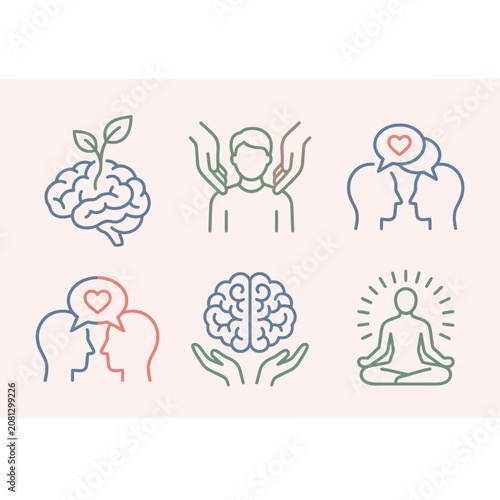 Set of mental health and wellness icons on light background