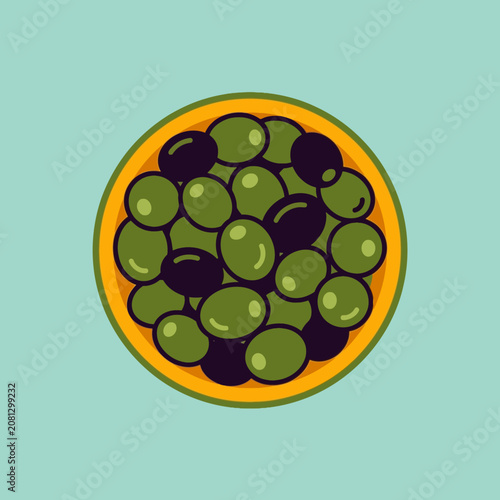 A bowl of fresh green and black olives on blue background