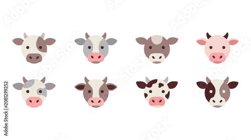 Set of eight cute cow head icons in flat design style
