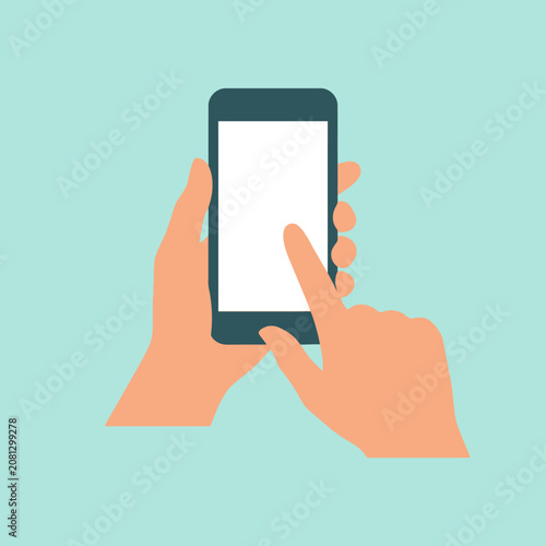 A hand holding a smartphone with a blank white screen