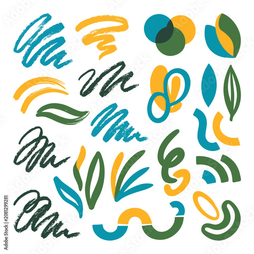 A collection of colorful hand drawn abstract graphic shapes