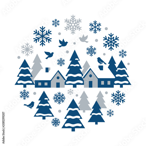 Circular winter landscape vector with houses and snowflakes