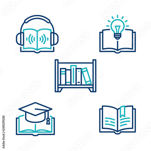Blue and teal book icons representing education and learning