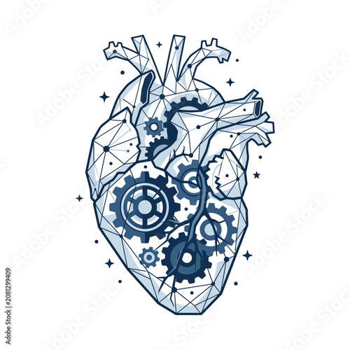 A mechanical heart is depicted with gears and geometric lines