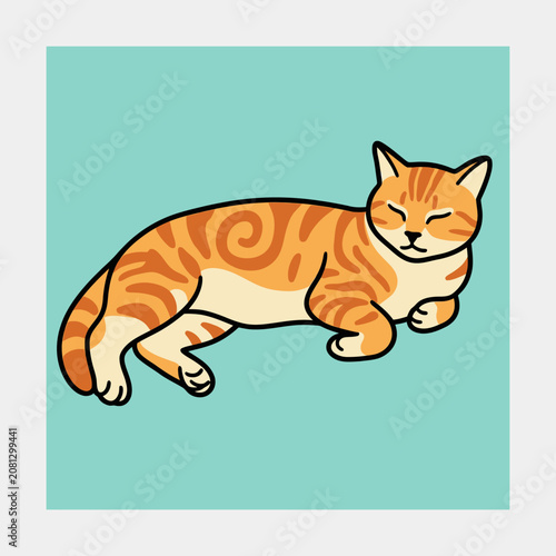 A cute orange tabby cat sleeping peacefully on a teal background