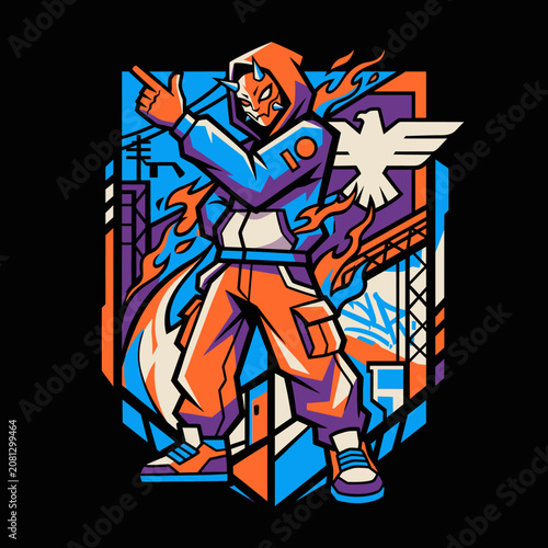 Dynamic urban character with a horned mask and vibrant flames