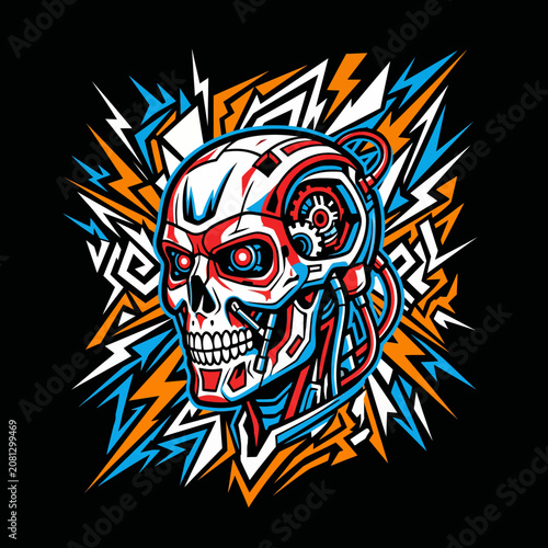 Vibrant robotic skull illustration with intricate mechanical details