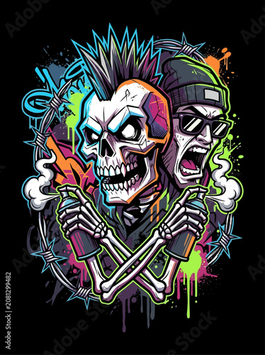Dynamic illustration of a skull and figure holding spray paint cans